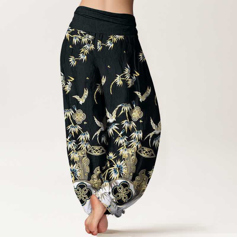 Buddha Stones Bird Bamboo Pattern Cotton Women's Harem High Elastic Waist Pants - Black - US16，UK/AU20，EU48 (3XL) - image 6