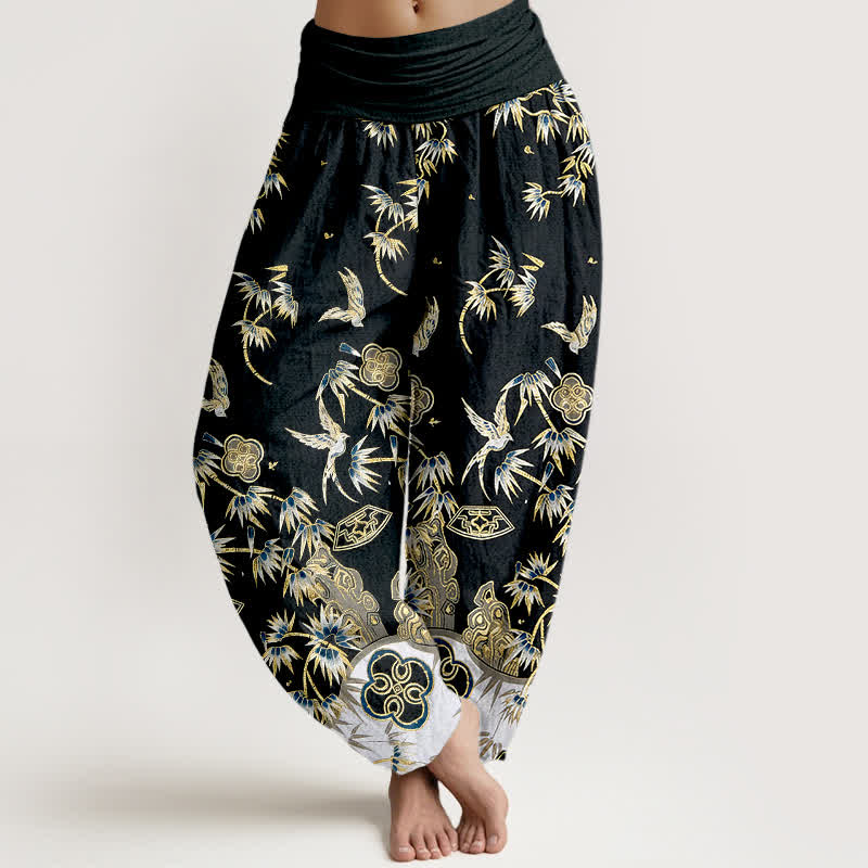 Buddha Stones Bird Bamboo Pattern Cotton Women's Harem High Elastic Waist Pants - image 5