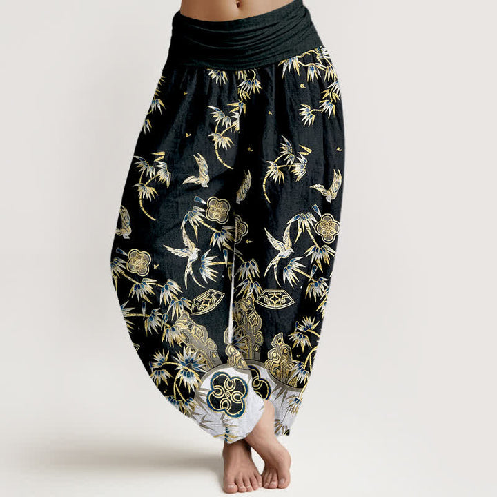 Buddha Stones Bird Bamboo Pattern Cotton Women's Harem High Elastic Waist Pants - image 5