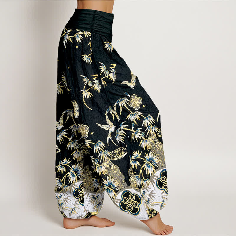 Buddha Stones Bird Bamboo Pattern Cotton Women's Harem High Elastic Waist Pants - image 7