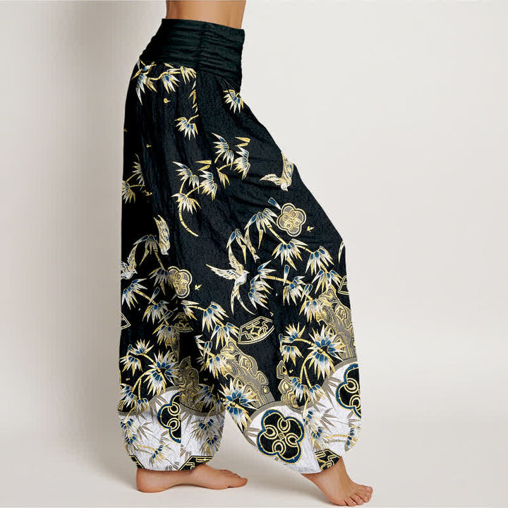 Buddha Stones Bird Bamboo Pattern Cotton Women's Harem High Elastic Waist Pants - image 7