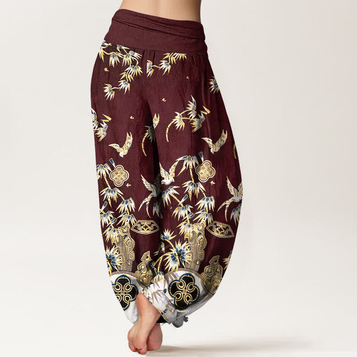 Buddha Stones Bird Bamboo Pattern Cotton Women's Harem High Elastic Waist Pants - image 9