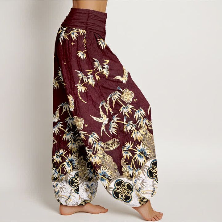 Buddha Stones Bird Bamboo Pattern Cotton Women's Harem High Elastic Waist Pants - image 10