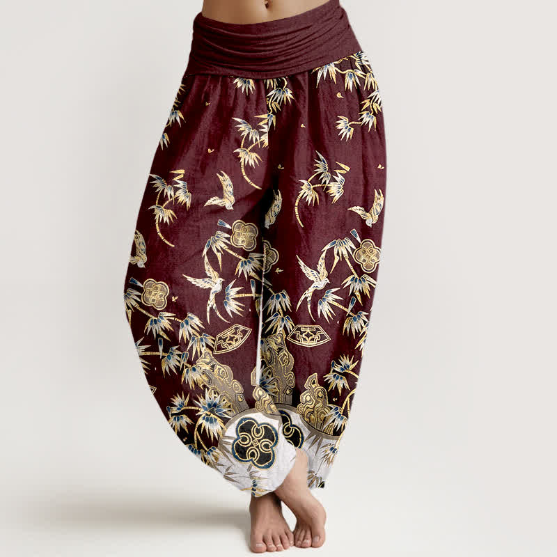 Buddha Stones Bird Bamboo Pattern Cotton Women's Harem High Elastic Waist Pants - Brown - US16，UK/AU20，EU48 (3XL) - image 8
