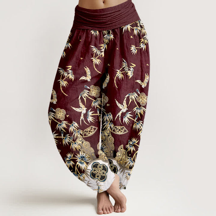 Buddha Stones Bird Bamboo Pattern Cotton Women's Harem High Elastic Waist Pants - Brown - US16，UK/AU20，EU48 (3XL) - image 8