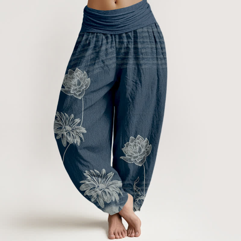 Buddha Stones Lotus High Waist Design Women's Harem Cotton Pants - DarkBlue - US16，UK/AU20，EU48 (3XL) - image 0
