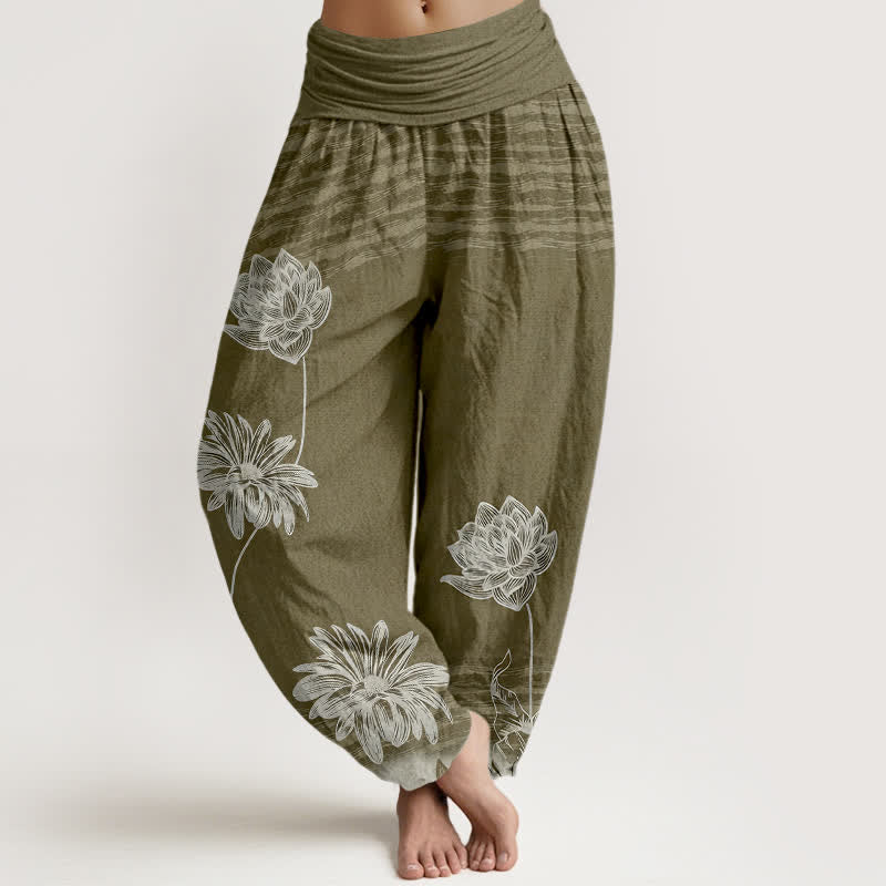 Buddha Stones Lotus High Waist Design Women's Harem Cotton Pants - Olive - US16，UK/AU20，EU48 (3XL) - image 8