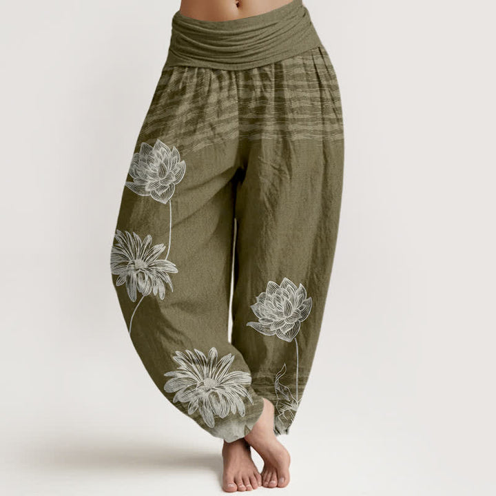 Buddha Stones Lotus High Waist Design Women's Harem Cotton Pants - Olive - US16，UK/AU20，EU48 (3XL) - image 8