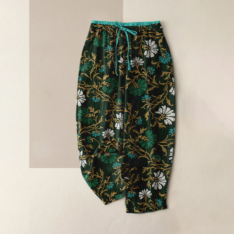 Buddha Stones Flowersl Vine Elastic Waist Drawstring Women's Cotton Pants With Pockets - DarkOliveGreen - US16，UK/AU20，EU48 (3XL) - image 0