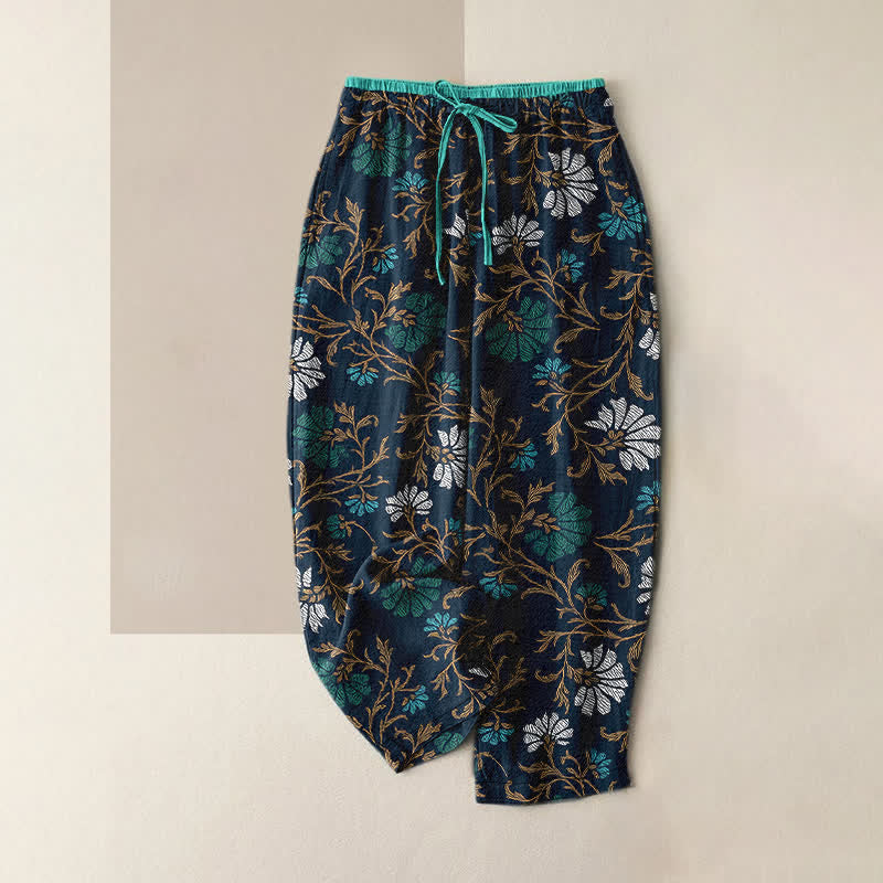 Buddha Stones Flowersl Vine Elastic Waist Drawstring Women's Cotton Pants With Pockets - DarkSlateGray - US16，UK/AU20，EU48 (3XL) - image 4