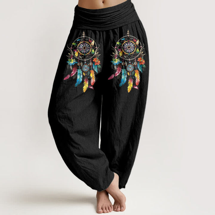 Buddha Stones Cotton Colorful Double Dreamcatchers Pattern High Waist Women's Harem Pants - Black - US16，UK/AU20，EU48 (3XL) - image 0