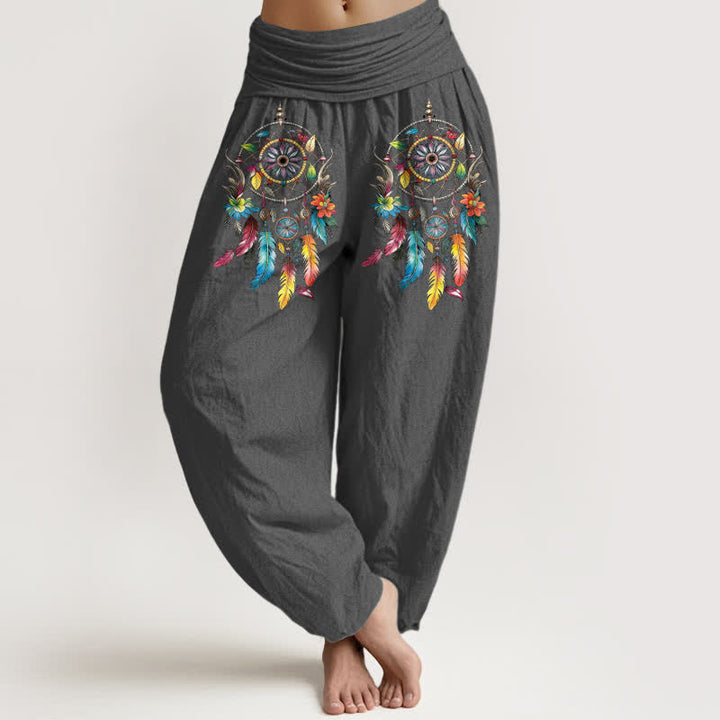 Buddha Stones Cotton Colorful Double Dreamcatchers Pattern High Waist Women's Harem Pants - DimGray - US16，UK/AU20，EU48 (3XL) - image 8