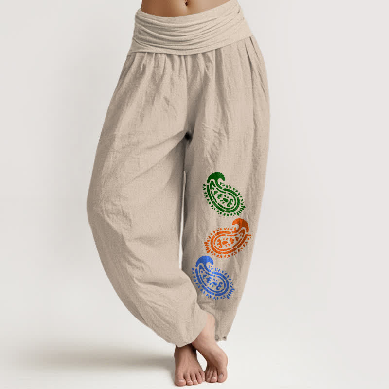 Buddha Stones Pure Cotton Colorful Paisley High Waist Women's Harem Pants  - Tan - US16，UK/AU20，EU48 (3XL) - image 0