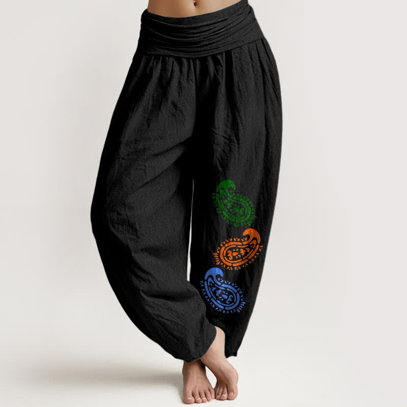 Buddha Stones Pure Cotton Colorful Paisley High Waist Women's Harem Pants  - Black - US16，UK/AU20，EU48 (3XL) - image 5