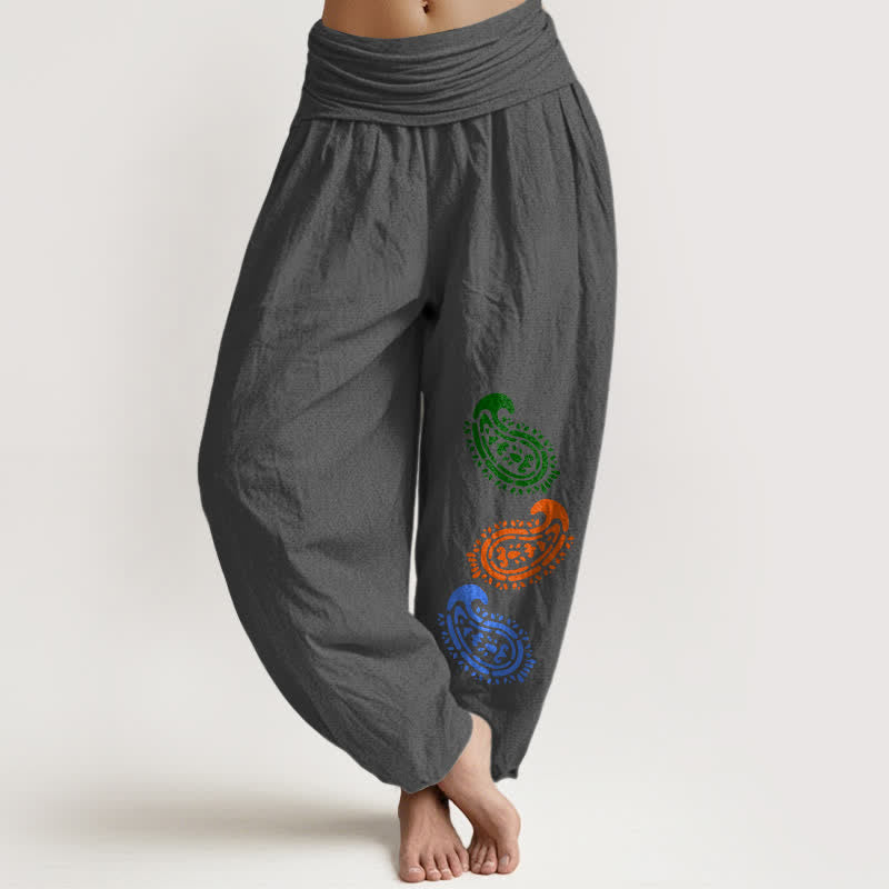 Buddha Stones Pure Cotton Colorful Paisley High Waist Women's Harem Pants  - DimGray - US16，UK/AU20，EU48 (3XL) - image 11