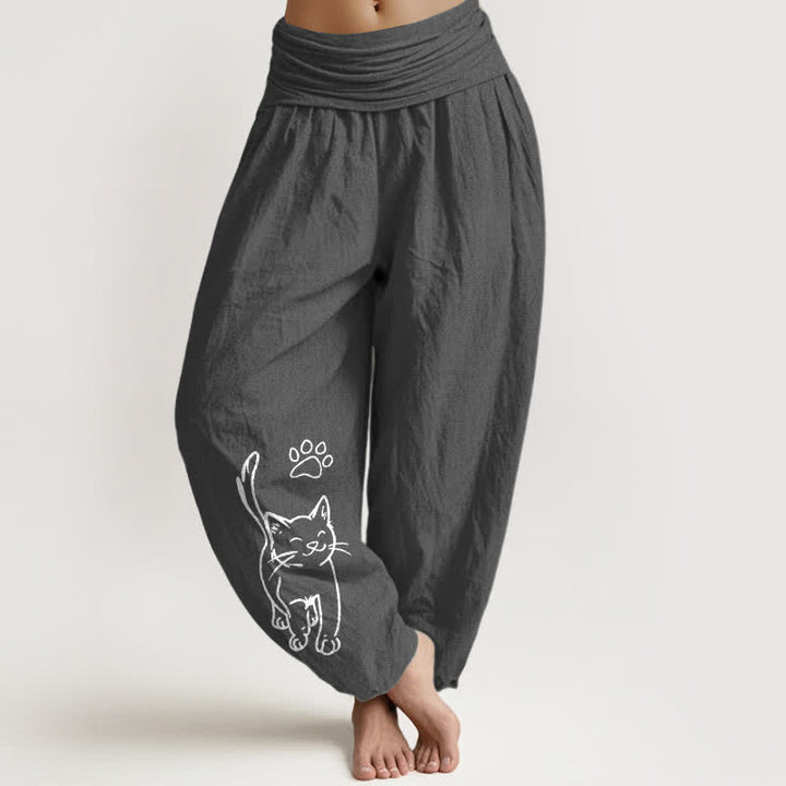 Buddha Stones Pure Cotton Cute Cat Print Women's Harem Elastic Waist Pants - DimGray - US16，UK/AU20，EU48 (3XL) - image 0