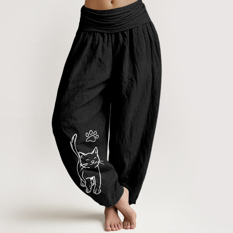 Buddha Stones Pure Cotton Cute Cat Print Women's Harem Elastic Waist Pants - Black - US22，UK/AU26，EU54 (6XL) - image 5