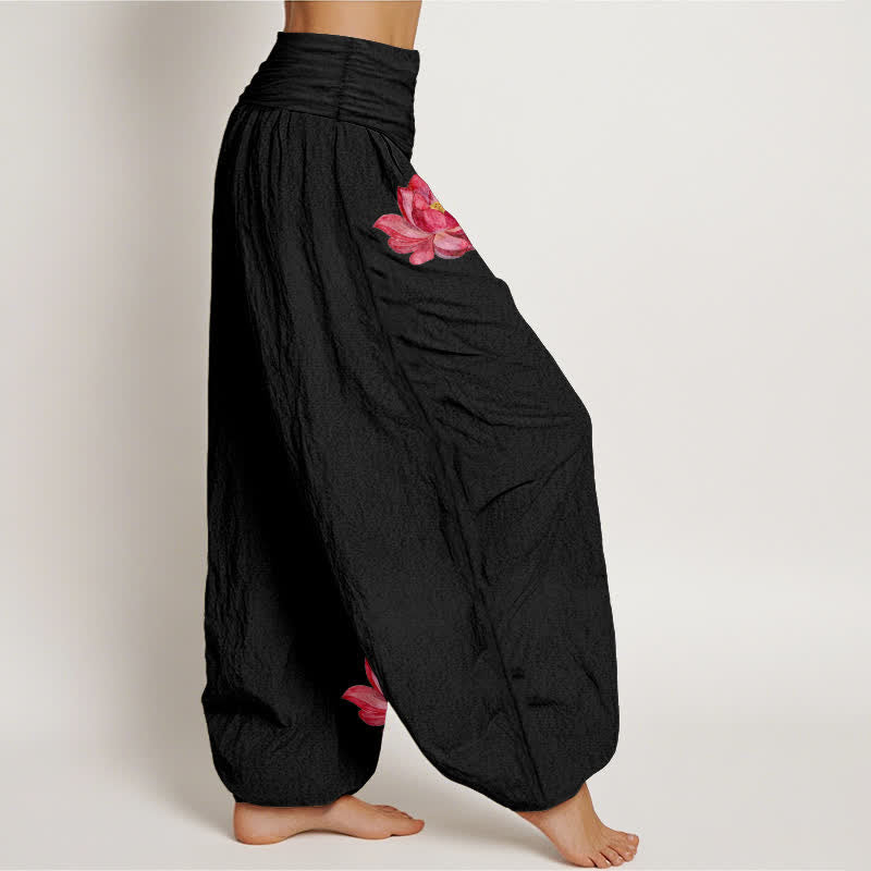 Buddha Stones Pink Lotus Print High Elastic Waist Women's Harem Pure Cotton Pants - image 2