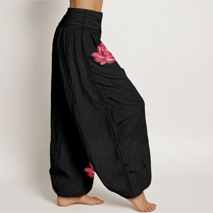 Buddha Stones Pink Lotus Print High Elastic Waist Women's Harem Pure Cotton Pants - image 2