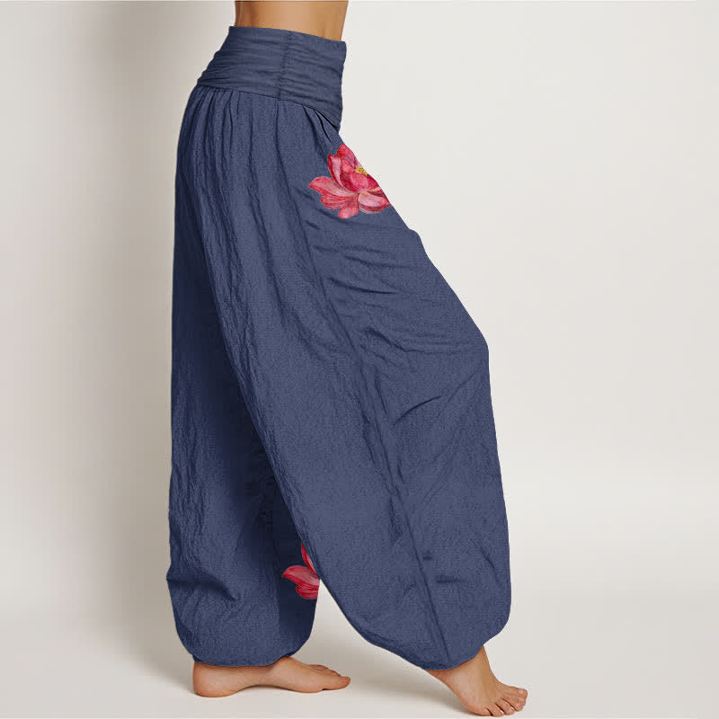 Buddha Stones Pink Lotus Print High Elastic Waist Women's Harem Pure Cotton Pants - image 7