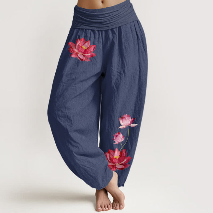 Buddha Stones Pink Lotus Print High Elastic Waist Women's Harem Pure Cotton Pants - DarkSlateBlue - US16，UK/AU20，EU48 (3XL) - image 5