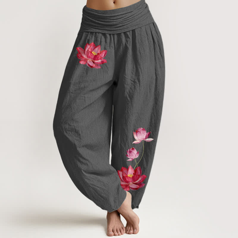 Buddha Stones Pink Lotus Print High Elastic Waist Women's Harem Pure Cotton Pants - DimGray - US16，UK/AU20，EU48 (3XL) - image 8