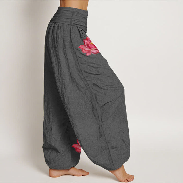 Buddha Stones Pink Lotus Print High Elastic Waist Women's Harem Pure Cotton Pants - image 10