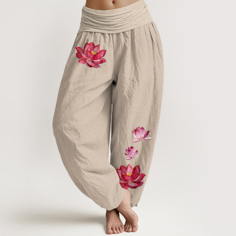 Buddha Stones Pink Lotus Print High Elastic Waist Women's Harem Pure Cotton Pants - Tan - US16，UK/AU20，EU48 (3XL) - image 11