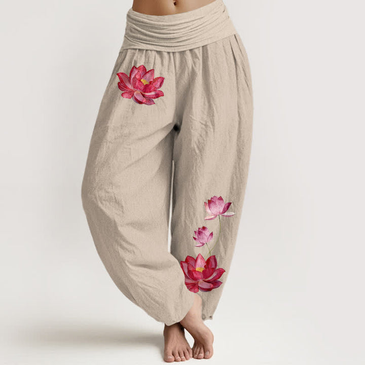 Buddha Stones Pink Lotus Print High Elastic Waist Women's Harem Pure Cotton Pants - Tan - US16，UK/AU20，EU48 (3XL) - image 11
