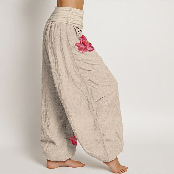 Buddha Stones Pink Lotus Print High Elastic Waist Women's Harem Pure Cotton Pants - image 13