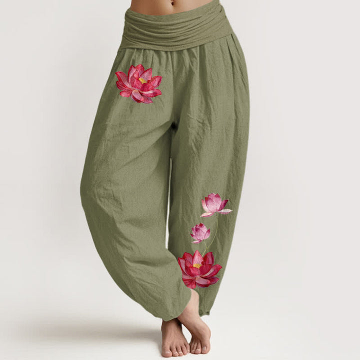 Buddha Stones Pink Lotus Print High Elastic Waist Women's Harem Pure Cotton Pants - OliveDrab - US16，UK/AU20，EU48 (3XL) - image 14