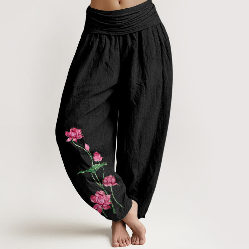 Buddha Stones Pure Cotton Lotus Flower Lotus Leaves Pattern Women's Harem Elastic Waist Pants  - Black - US16，UK/AU20，EU48 (3XL) - image 5
