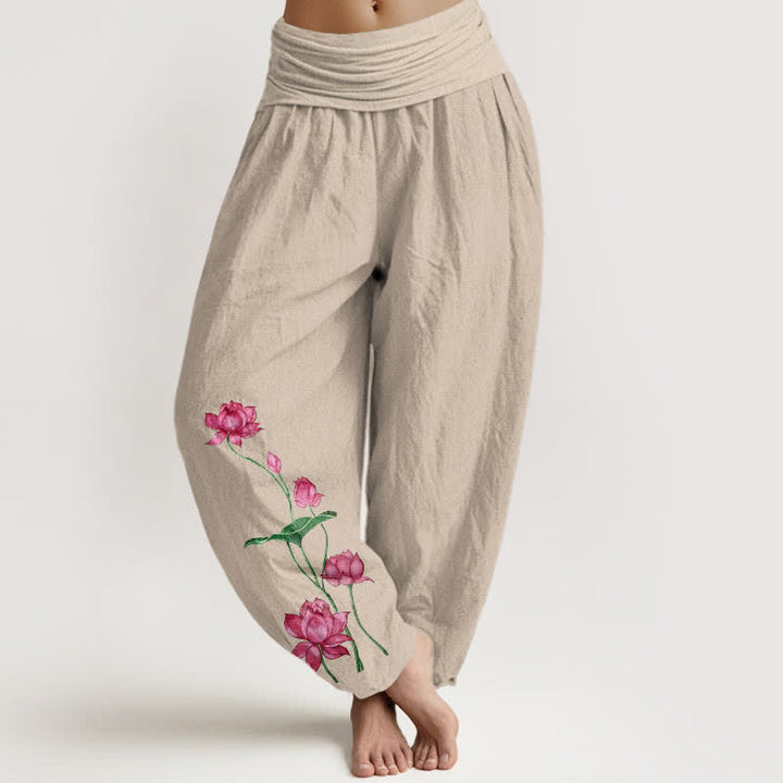 Buddha Stones Pure Cotton Lotus Flower Lotus Leaves Pattern Women's Harem Elastic Waist Pants  - Tan - US16，UK/AU20，EU48 (3XL) - image 11
