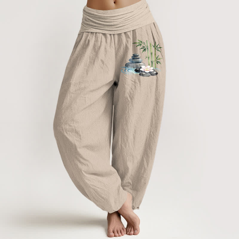 Buddha Stones Pure Cotton Bamboo Flower Stones High Waist Women's Harem Pants - Tan - US16，UK/AU20，EU48 (3XL) - image 0