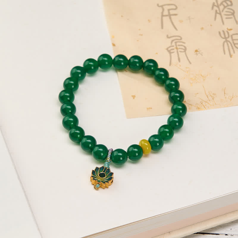 Buddha Stones Natural Green Agate Yellow Agate Lotus Charm Success Beaded Bracelet - Green Agate(Wrist Circumference 15-16cm) - image 0