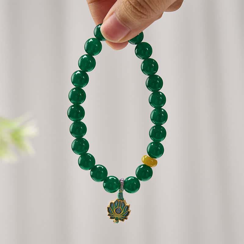 Buddha Stones Natural Green Agate Yellow Agate Lotus Charm Success Beaded Bracelet - image 1