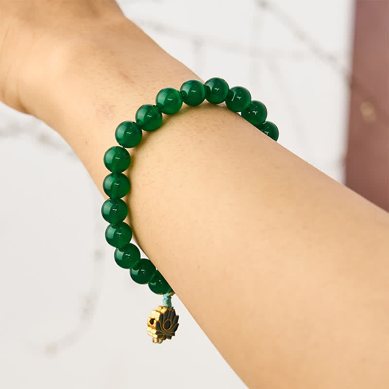 Buddha Stones Natural Green Agate Yellow Agate Lotus Charm Success Beaded Bracelet - image 2