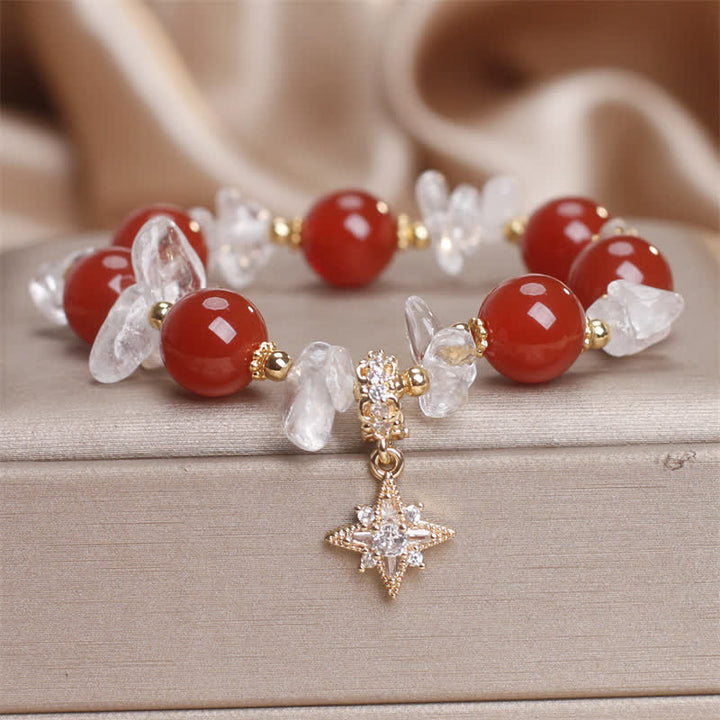 Buddha Stones Natural Red Agate Clear Quartz Hexagram Charm Confidence Bracelet - Red Agate(Wrist Circumference 15-16cm) - image 0