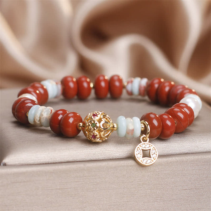 Buddha Stones Red Jasper Shoushan Stone Abacus Beads Copper Coin Protection Bracelet - image 4