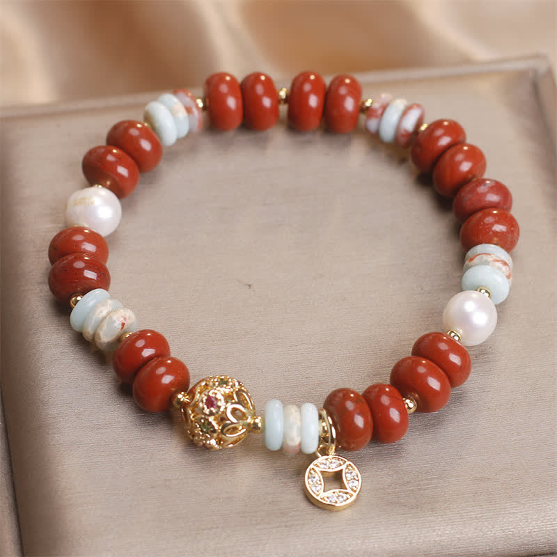 Buddha Stones Red Jasper Shoushan Stone Abacus Beads Copper Coin Protection Bracelet - image 1