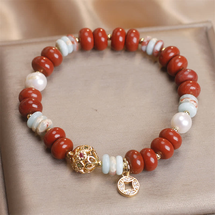 Buddha Stones Red Jasper Shoushan Stone Abacus Beads Copper Coin Protection Bracelet - image 1