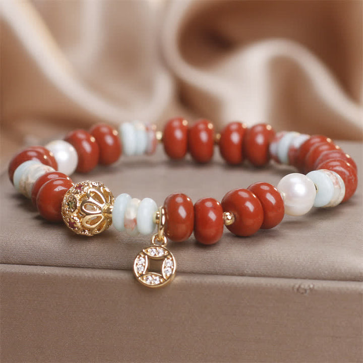Buddha Stones Red Jasper Shoushan Stone Abacus Beads Copper Coin Protection Bracelet - image 5