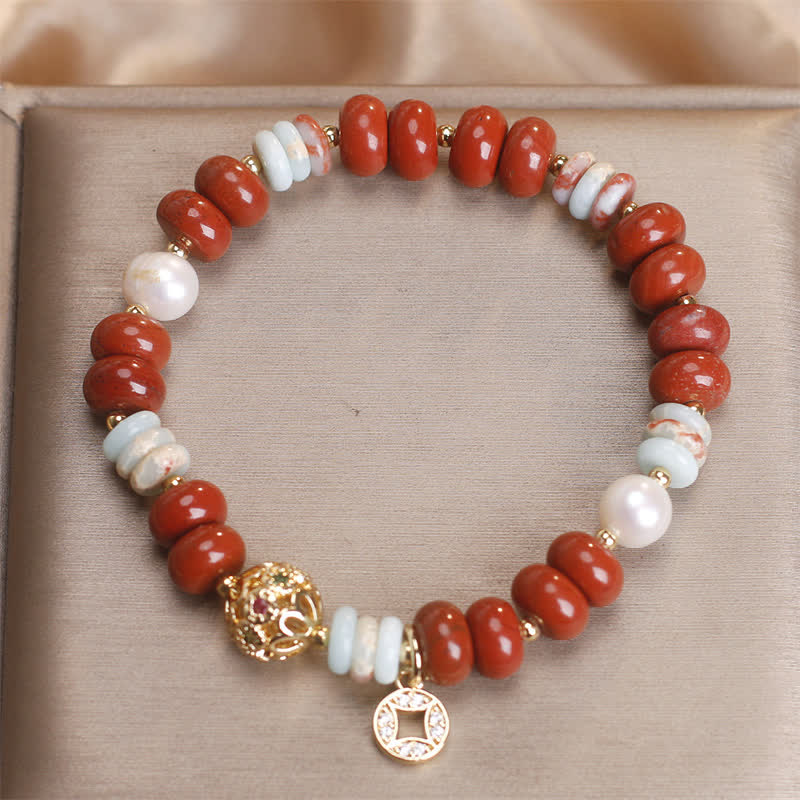 Buddha Stones Red Jasper Shoushan Stone Abacus Beads Copper Coin Protection Bracelet - image 3