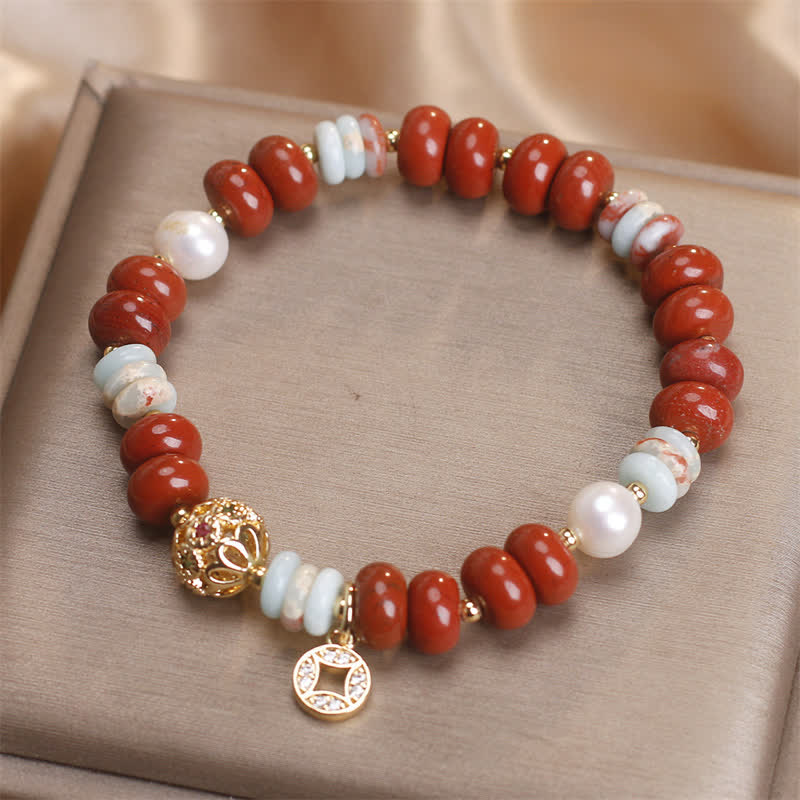 Buddha Stones Red Jasper Shoushan Stone Abacus Beads Copper Coin Protection Bracelet - image 2