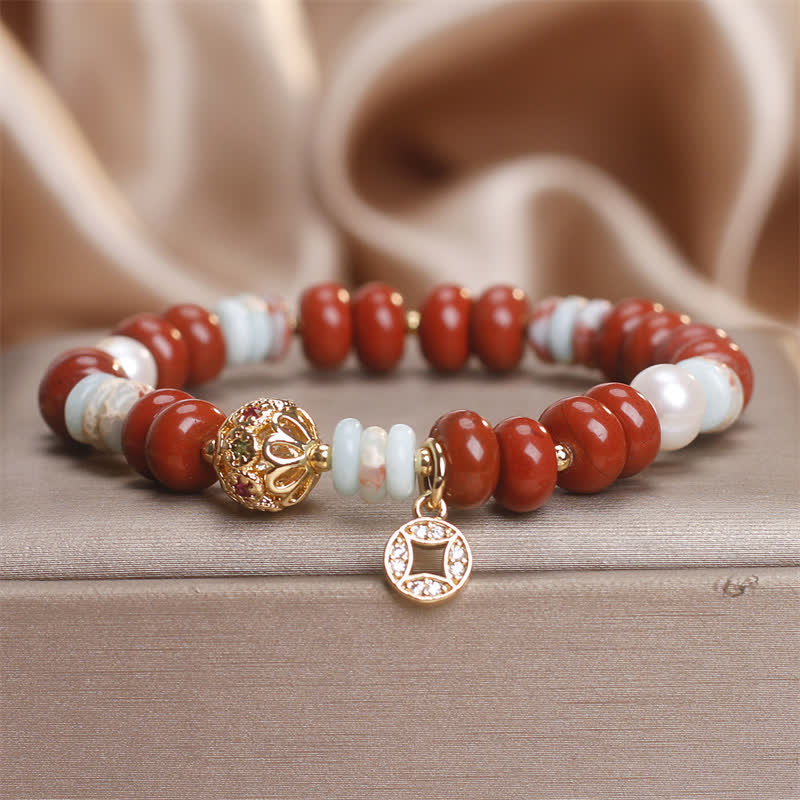 Buddha Stones Red Jasper Shoushan Stone Abacus Beads Copper Coin Protection Bracelet - Red Jasper(Wrist Circumference:15-16cm) - image 0