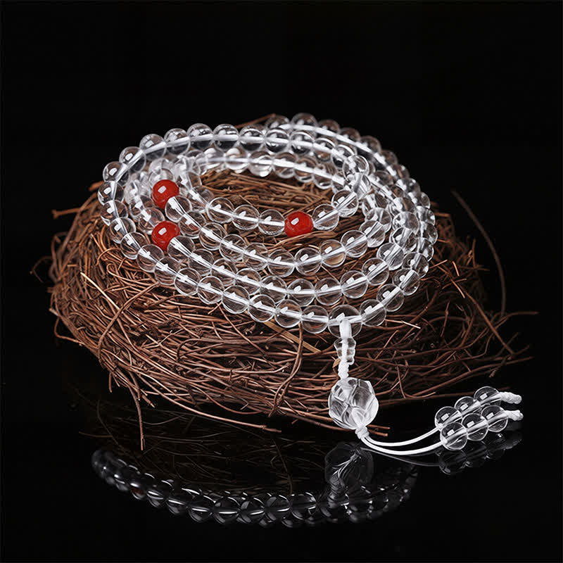 Buddha Stones Liuli Lotus 108 Round Beads Enlightenment Mala - Red Beads White String - image 0
