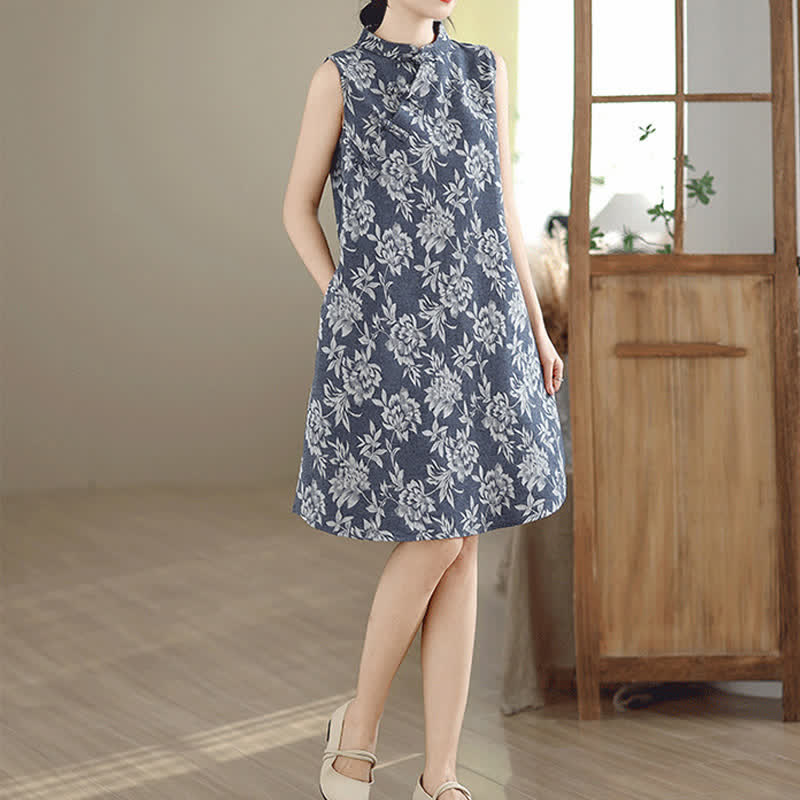 Buddha Stones Frog-button Mandarin Collar Floral Pattern Sleeveless Cotton Mini Dress With Pockets - image 3