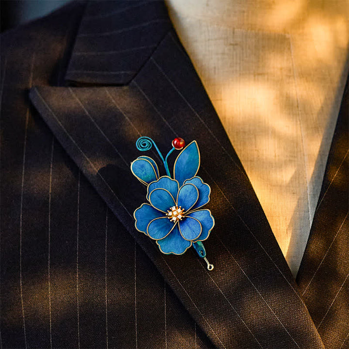Buddha Stones Handcrafted Silk Art Velvet Flower Light Blue Flower Brooch - image 3