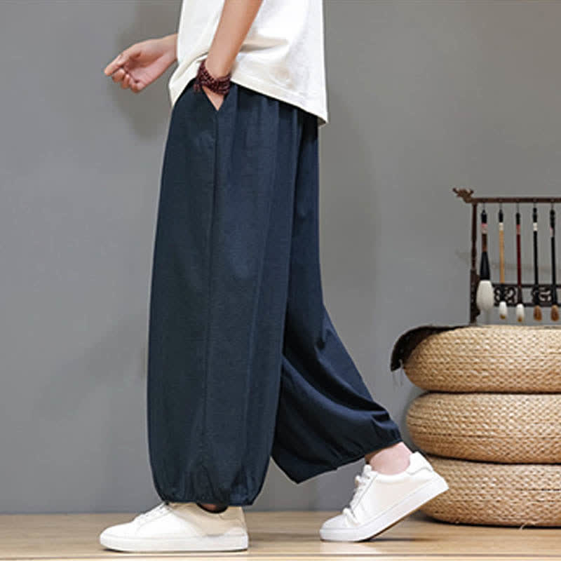 Buddha Stones Summer Zen Elastic Waist Cuff Men's Cropped Harem Pants With Pockets - image 1