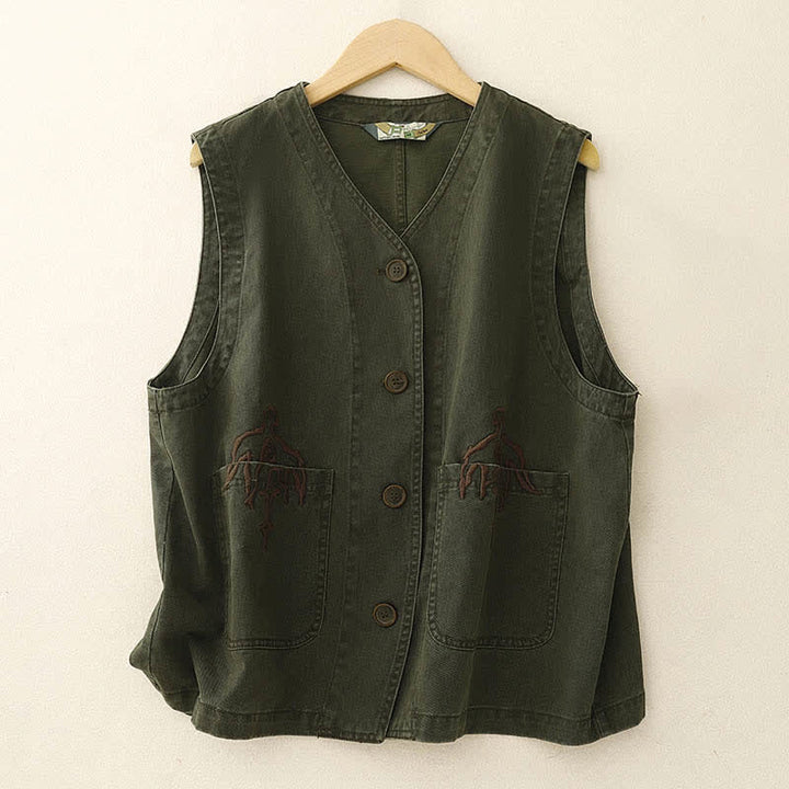 Buddha Stones Spring Vintage Twill Bird Embroidery Cotton Women's V Neck Cropped Sleeveless Vest With Pockets - DarkOliveGreen - US8-10，UK/AU12-14，EU40-42 (2XL) - image 15